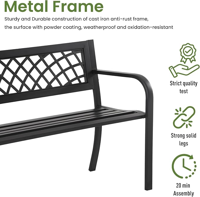Outdoor Garden Bench, Iron Steel Frame Patio Bench with Mesh Pattern and Plastic Backrest Armrests, Outdoor Bench for Garden, Park, Yard, Front Porch, Black