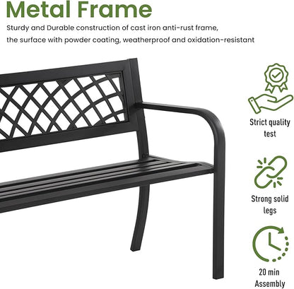 Outdoor Garden Bench, Iron Steel Frame Patio Bench with Mesh Pattern and Plastic Backrest Armrests, Outdoor Bench for Garden, Park, Yard, Front Porch, Black