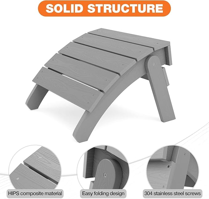 YEFU Adirondack Ottoman, Patio Foot Rest, Adirondack Foot Rest, Folding Adirondack Footstool, Weather Resistant for Adirondack Chair, Widely Used for Outdoor, Porch, Backyard, Garden, Fire Pits-Grey