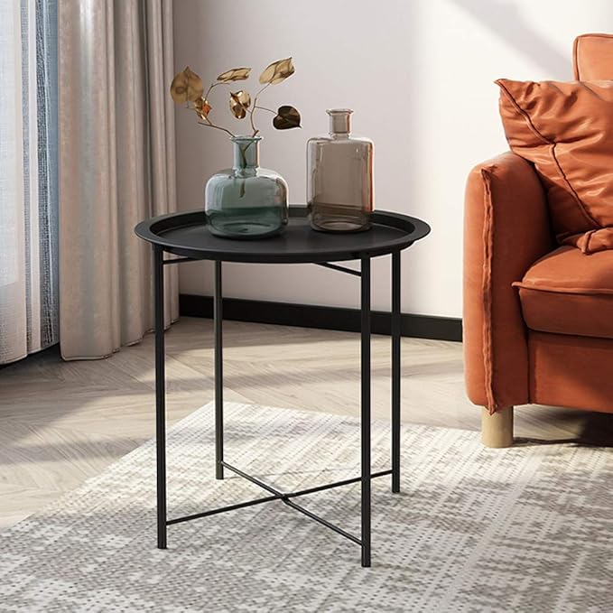 VECELO Side/End Table, Folding Round Metal Anti-Rust and Waterproof Outdoor or Indoor Tray for Living Room Bedroom - Photo 2