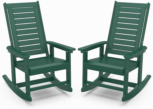 IVY&LANE Outdoor Rocking Chairs Set of 2 | Porch-Rockers | Forest | HDPE Plastic | All-Weather | High Back | Wide Seat | Oversized Patio Rocker for Adult | for Outside Deck Balcony Garden
