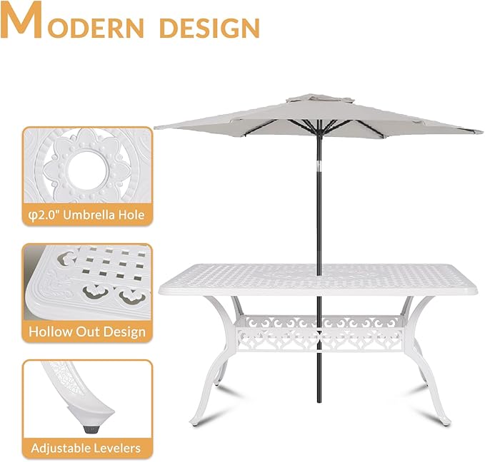 Outdoor Cast Aluminum Patio Table, 60” Rectangular Bistro Table with 2’’ Umbrella Hole for Patio Furniture Garden Deck Backyard, White