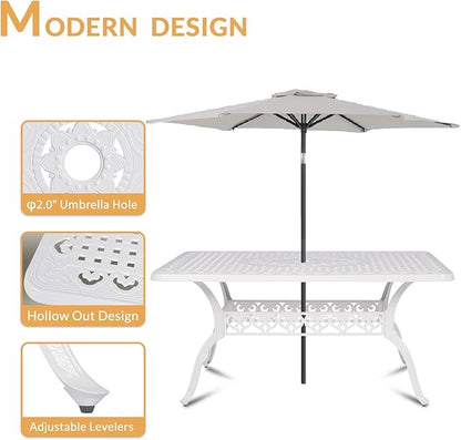 Outdoor Cast Aluminum Patio Table, 60” Rectangular Bistro Table with 2’’ Umbrella Hole for Patio Furniture Garden Deck Backyard, White