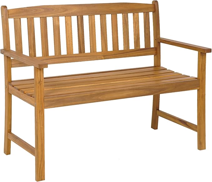 HAPPYGRILL Patio Wood Bench with Ergonomic Backrest & Armrest, 2-Person Outdoor Bench, All-Weather Acacia Wood Frame, Loveseat Outside Bench for Garden Balcony Poolside Porch Deck