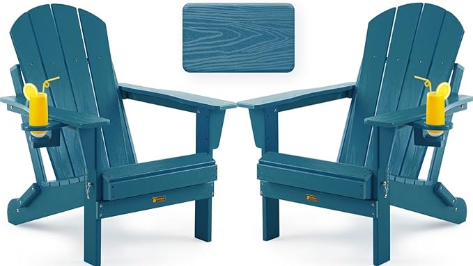 Folding Adirondack Chair, Patio Chair Wood Texture, Outdoor Chair Weather Resistant, Fire Pit Chair with Cup Holder, Composite Adirondack Chair Set of 2(Navy Blue)