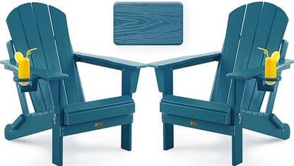 Folding Adirondack Chair, Patio Chair Wood Texture, Outdoor Chair Weather Resistant, Fire Pit Chair with Cup Holder, Composite Adirondack Chair Set of 2(Navy Blue)
