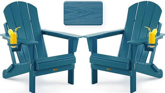 Folding Adirondack Chair, Patio Chair Wood Texture, Outdoor Chair Weather Resistant, Fire Pit Chair with Cup Holder, Composite Adirondack Chair Set of 2(Navy Blue)