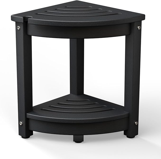 VINGLI Outdoor Side Table, HDPE Space-Saving Patio Side Table Corner Table Shower Bench, Waterproof 2-Tier Patio End Tables for Balcony Garden Deck (Black)