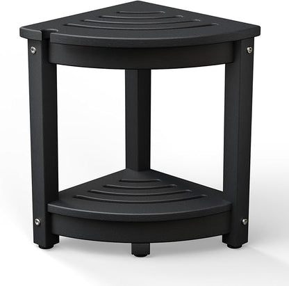 VINGLI Outdoor Side Table, HDPE Space-Saving Patio Side Table Corner Table Shower Bench, Waterproof 2-Tier Patio End Tables for Balcony Garden Deck (Black)