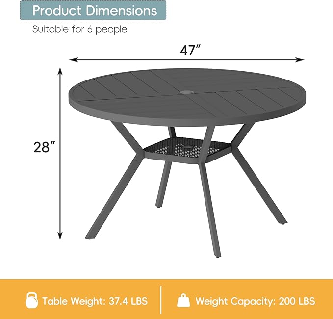 47" Outdoor Patio Table Dining Table, All Weather Metal Round Patio Table with Adjustable Umbrella Hole - Photo 3