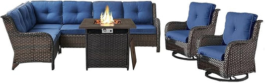 Belord Patio Furniture Set with Fire Pit Table, Outdoor Swivel Rocker Patio Chairs, Oversized Outdoor Sectional Couch, Two 3-Seater Sofas with Coffee Table, Ideal for Porch, Deck, Brown Wicker/Blue