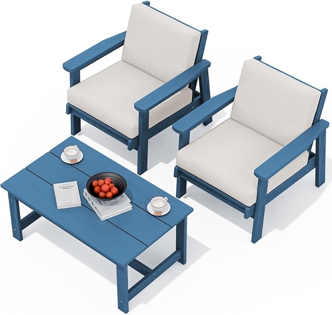 SERWALL HDPE Outdoor Couch, Blue Frame and Khaki Cushion - Photo 1