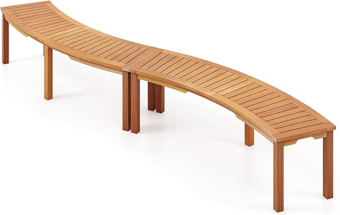 Tangkula Outdoor Curved Bench, Acacia Wood Fire Pit Bench w/Slatted Seat, Patio Backless 2-Person Seating for Porch - Photo 1