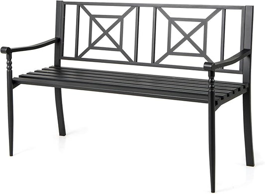 Giantex Metal Outdoor Bench with Backrest, Curved Armrests, Non-Slip Foot Pads, Slatted Seat for 2-3 Persons, Load 660lbs, Loveseat, Patio Bench for Garden, Yard, Poolside, Lawn, Porch, Park, Black
