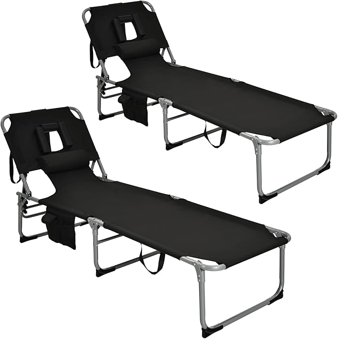 GYMAX Tanning Chair, Folding Beach Lounger with Face Arm Hole, Adjustable Backrest, Side Pocket, Pillow & Carry Handle, Outside Sunbathing Lounge Chair for Patio, Poolside, Lawn (2, Black)