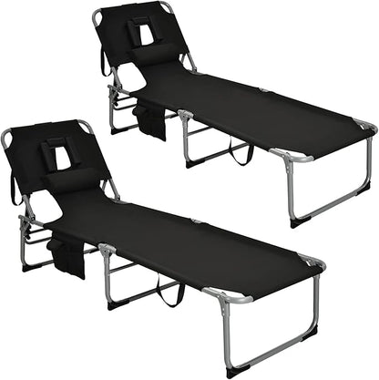 GYMAX Tanning Chair, Folding Beach Lounger with Face Arm Hole, Adjustable Backrest, Side Pocket, Pillow & Carry Handle, Outside Sunbathing Lounge Chair for Patio, Poolside, Lawn (2, Black)