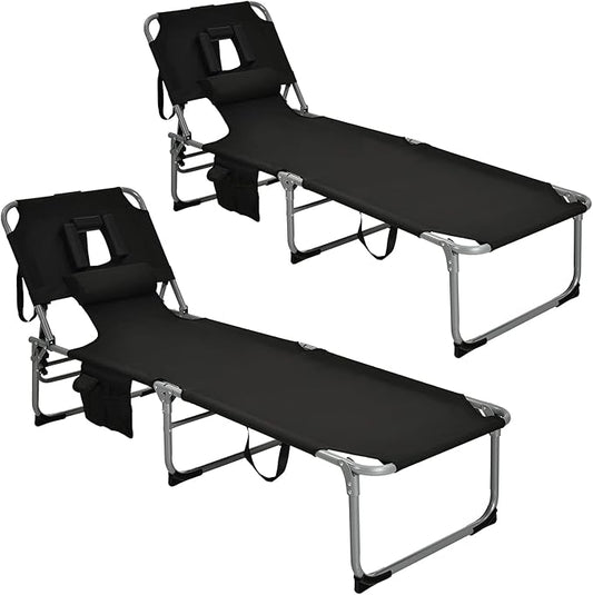 GYMAX Tanning Chair, Folding Beach Lounger with Face Arm Hole, Adjustable Backrest, Side Pocket, Pillow & Carry Handle, Outside Sunbathing Lounge Chair for Patio, Poolside, Lawn (2, Black)