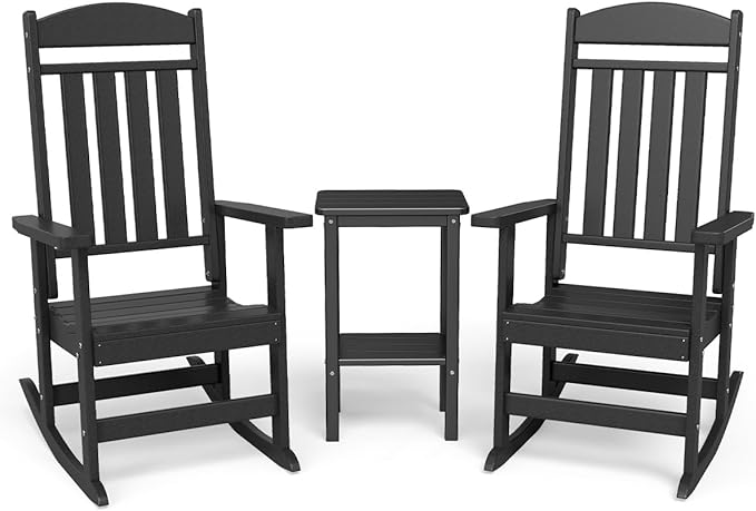 3-Piece Outdoor Rocking Chair Set, Oversized Porch Rocking Chair Set of 2 with Side Table, HDPE High Back Patio Rocking Chair, Suitable for Patio, Porch, Backyard, Black