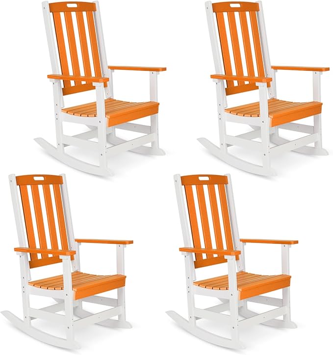 Aoodor Outdoor Rocking Chair, Ergonomic HDPE Rockers with All-Weather Design for Patio or Porch, Clashing Colors, Orange and White,Set of 4