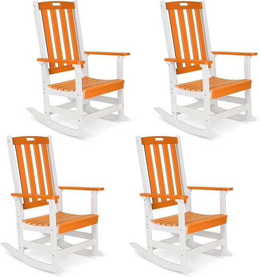 Aoodor Outdoor Rocking Chair, Ergonomic HDPE Rockers with All-Weather Design for Patio or Porch, Clashing Colors, Orange and White,Set of 4