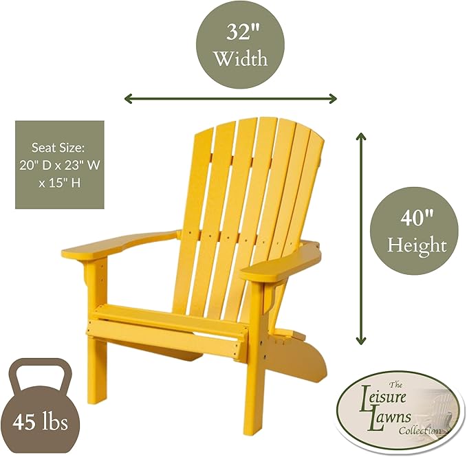 Leisure Lawns Poly Plastic Fanback Adirondack Chair, Outdoor Patio Chair - Amish Made in USA (Yellow)