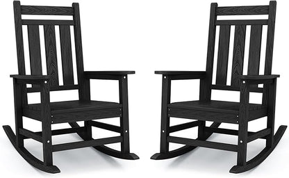 KINGYES Oversized Outdoor Rocking Chair Set of 2, All-Weather Patio Rocking Chairs for Porch, HDPE Outdoor Patio Rockers with High Back & Wide Seat for Garden, Lawn, Black