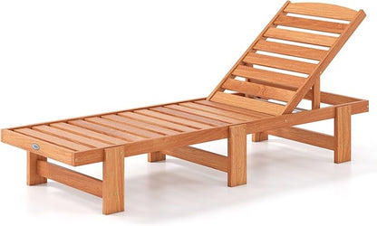 COSTWAY Solid Wood Chaise Lounge, Outdoor Lounge Chair with 5-Position Adjustable Backrest, Wooden Patio Lounger for Sunbathing, Yard, Teak Oil Finished (1)