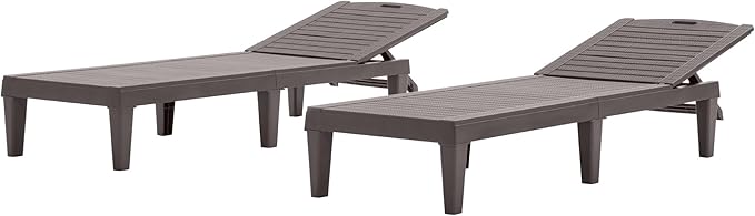 Outdoor Chaise Lounge Chair Set of 2 with 5 Position Adjustable Backrest, Water-Resistant Tanning Chair Recliner, Resin Pool Lounge Chairs for Patio, Poolside or Beach (Dark Brown)