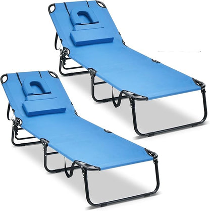Goplus Tanning Chair, Folding Beach Lounge Chair with Face Hole, Removable Pillow, Carry Strap, Position Adjustable, Sunbathing Chair, Portable Outside Lounge Chair for Patio Pool