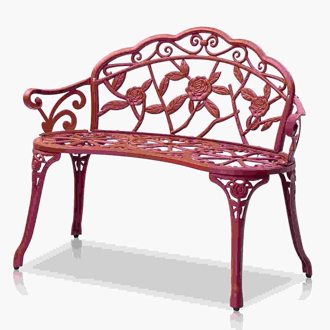38.5” Outdoor Porch Bench with Hollow Rose Design,Elegant Garden Bench Park Bench for Backyard,Iron Bench with Arms (red)