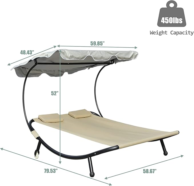 Chaise Lounge Outdoor Hammock with Stand for Outside with Adjustable Canopy & Pillows, 2 Person Chaise Lounge Lawn Chair with Shade for Backyard, Garden, Poolside