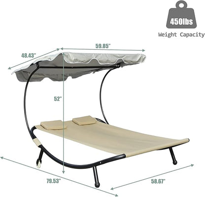 Chaise Lounge Outdoor Hammock with Stand for Outside with Adjustable Canopy & Pillows, 2 Person Chaise Lounge Lawn Chair with Shade for Backyard, Garden, Poolside