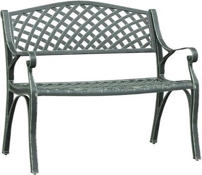 Vintage Cast Aluminum and Cast Iron Garden Bench in Green with Floral Design for Outdoor Seating Relaxation in Gardens Balconies or Patios