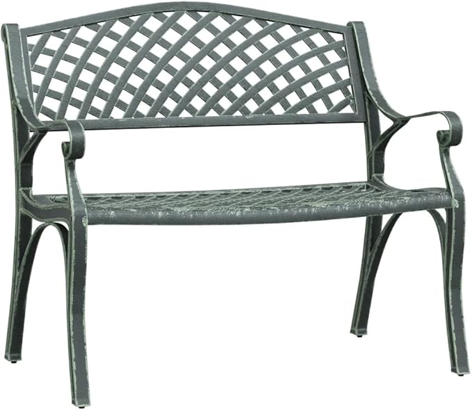 Vintage Garden Bench Green Cast Aluminum and Cast Iron Standard Outdoor Seating with Floral Design for Patio Balcony Relaxation Durable Comfortable