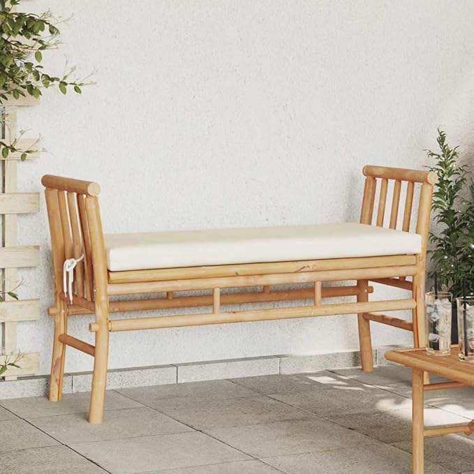 Bamboo Garden Bench with Cushion 43.31"x14.96"x25.59" Brown Modern Outdoor Seating for Patio, Porch and Backyard