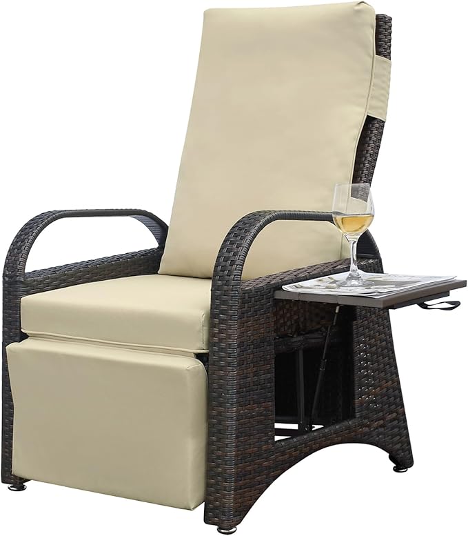ATR ART TO REAL Outdoor Recliner Chairs, PE Wicker Reclining Lounge Chair with Removable Soft Cushion, Adjustable Outside Recliners for Patio, Porch, Poolside, Balcony, Lawn (Khaki, 1 PC)