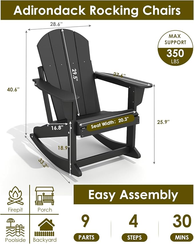 GREENVINES Adirondack Rocking Chairs Set of 2 | HDPE Plastic | Porch Rocker | Chair for Patio Outdoor Deck | All Weather | Black