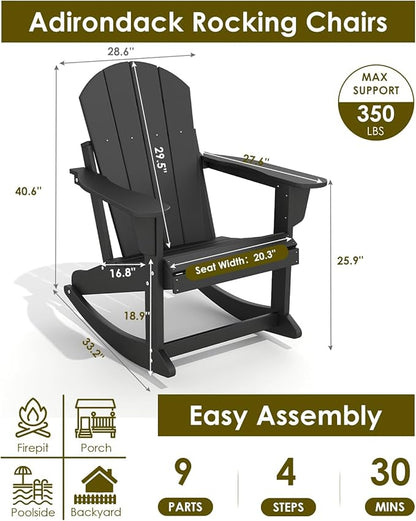 GREENVINES Adirondack Rocking Chairs Set of 4 | HDPE Plastic | Porch Rocker | Chair for Patio Outdoor Deck | All Weather | Black