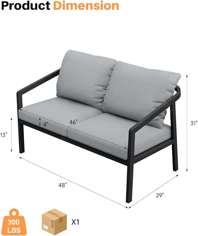Outdoor Patio Loveseat, Never-Rust Aluminum Outdoor Loveseat Couch with Thick Cushions, Modern 2-Seater Patio Sofa Bench, Outdoor Sofa Loveseat Furniture for Backyard, Garden, Black | Never-Rust, Wraparound Design, Removable Cushions