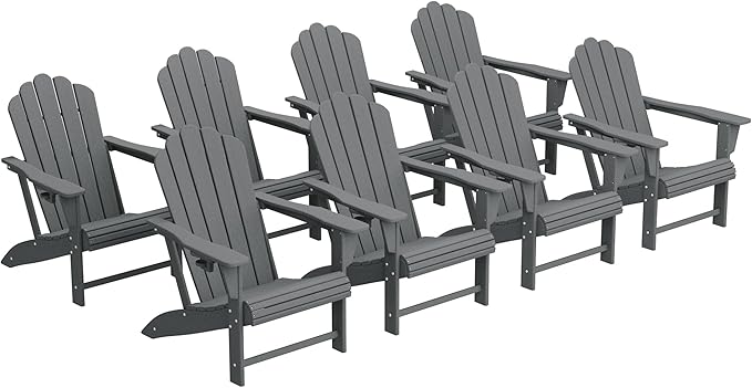 Costaelm Lakeview Outdoor Patio HDPE Adirondack Chairs with Cup Holders (Set of 8), Gray