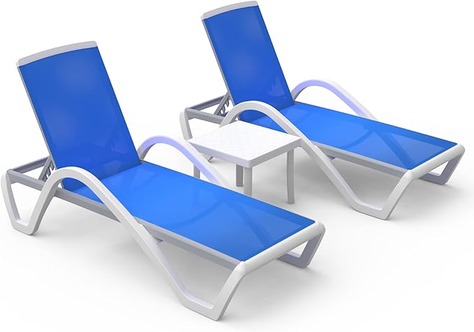 Domi Patio Chaise Lounge Chair Set of 3,Outdoor Aluminum Polypropylene Sunbathing Chair with Adjustable Backrest,Arm,Side Table,for Beach,Yard,Balcony,Poolside(2 Blue Chairs W/Table)
