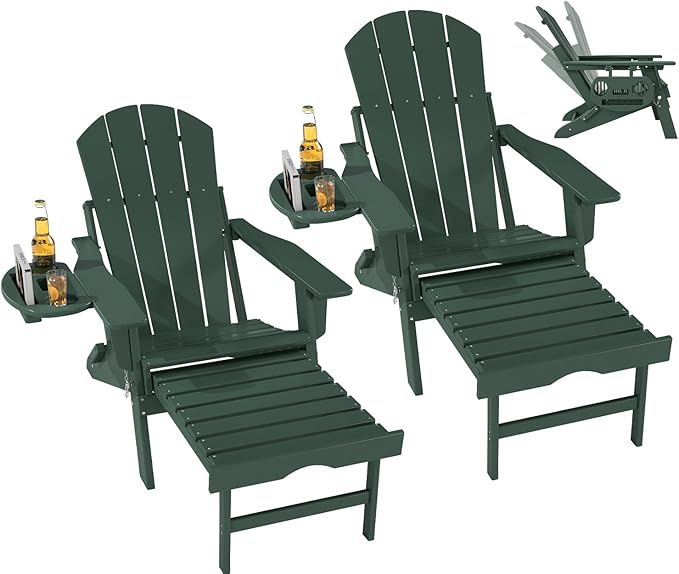 FOOWIN Folding Adjustable Adirondack Chair with Retractable Ottoman Set of 2, HDPE Adirondack Chair w/4 in 1 Cup Holder Trays,All-Weather Resistant Fire Pit Chair for Outdoor Patio Lawn, Dark Green