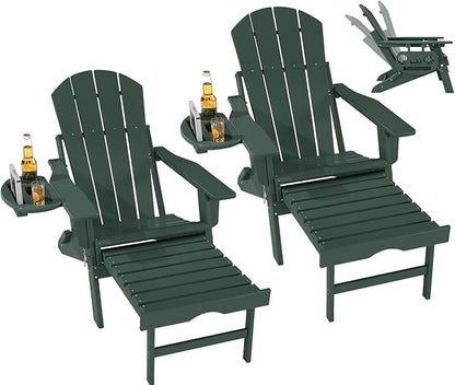 FOOWIN Folding Adjustable Adirondack Chair with Retractable Ottoman Set of 2, HDPE Adirondack Chair w/4 in 1 Cup Holder Trays,All-Weather Resistant Fire Pit Chair for Outdoor Patio Lawn, Dark Green