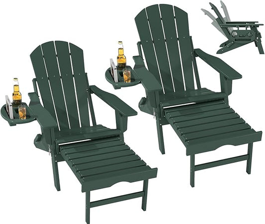FOOWIN Folding Adjustable Adirondack Chair with Retractable Ottoman Set of 2, HDPE Adirondack Chair w/4 in 1 Cup Holder Trays,All-Weather Resistant Fire Pit Chair for Outdoor Patio Lawn, Dark Green