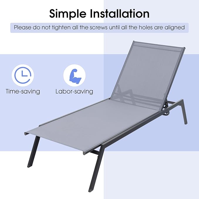 Tangkula Outdoor Adjustable Chaise Lounge Chair Set of 2, Patio 6-Position Recliner with Lay Flat Position and Quick-Drying Fabric, Outdoor Chaise Lounge for Poolside, Backyard (2, Grey, Large)