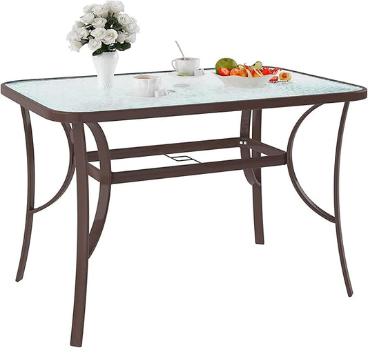 SDHYL 47-Inch Outdoor Dining Table with Tempered Glass Top – Patio Table with Umbrella Hole, Heavy Duty Steel Frame, Weather-Resistant Brown Finish for Garden, Poolside & Backyard
