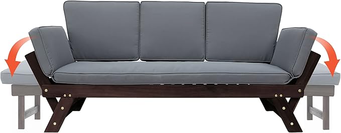 Merax Patio Sofa, Outdoor Adjustable Wooden Daybed, Chaise Lounge with Cushions, Brown+Gray