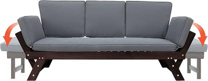 Merax Patio Sofa, Outdoor Adjustable Wooden Daybed, Chaise Lounge with Cushions, Brown+Gray