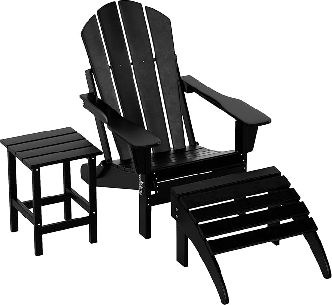 WestinTrends Malibu Outdoor Lounge Chairs, 3-Pieces Adirondack Chair Set with Ottoman and Side Table, All Weather Poly Lumber Patio Lawn Folding Chair for Outside Pool Garden Backyard, Black
