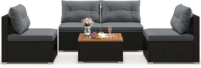 Tangkula 5 Piece Rattan Sofa Set, Outdoor Wicker Furniture Set w/Seat & Back Cushions, Square Coffee Table, Patio Sofa Set for Backyard, Poolside (Grey)